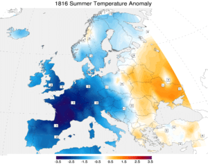 Anomalie de température pendant l'été 1816 (°C)